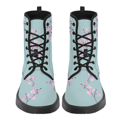 Sky Blue Vegan Leather Boots with Cherry Blossom