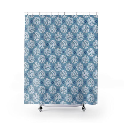 Blue and White Round Japanese Design Shower Curtain Shower curtain with vibrant Japanese Pattern colors which will brighten your bathroom. Our Shower curtains are made of 100% Polyester and include 12 holes at the top for easy placement. Decorate your wet room or shower room with these superb curtains. Total dimension are 71'x74' or 180cmx188cm