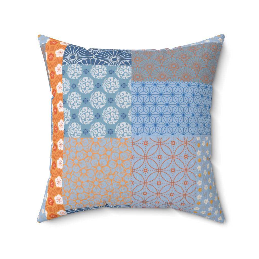 Blue and Orange Wagara Patchwork Square Pillow