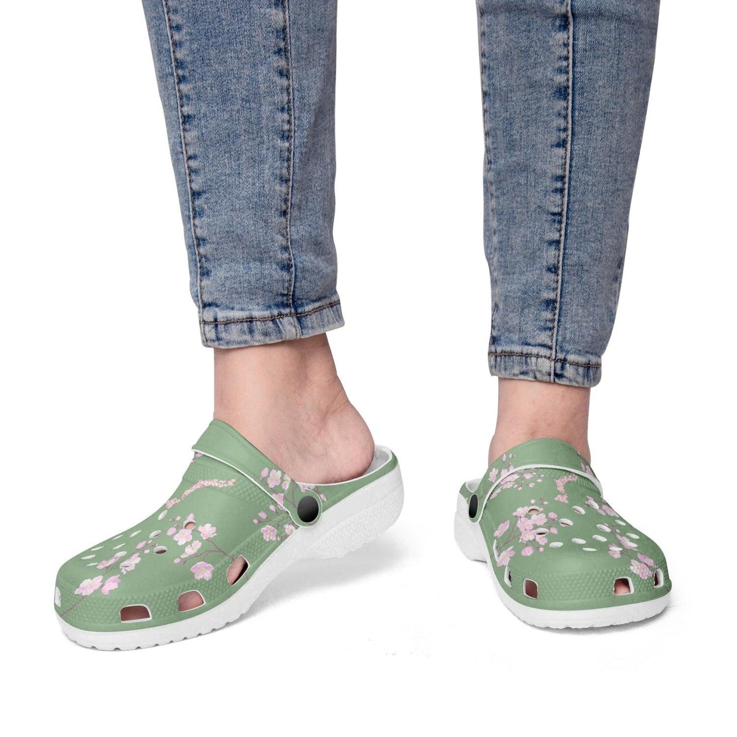 Cherry Blossom and Young Bamboo Green Clogs