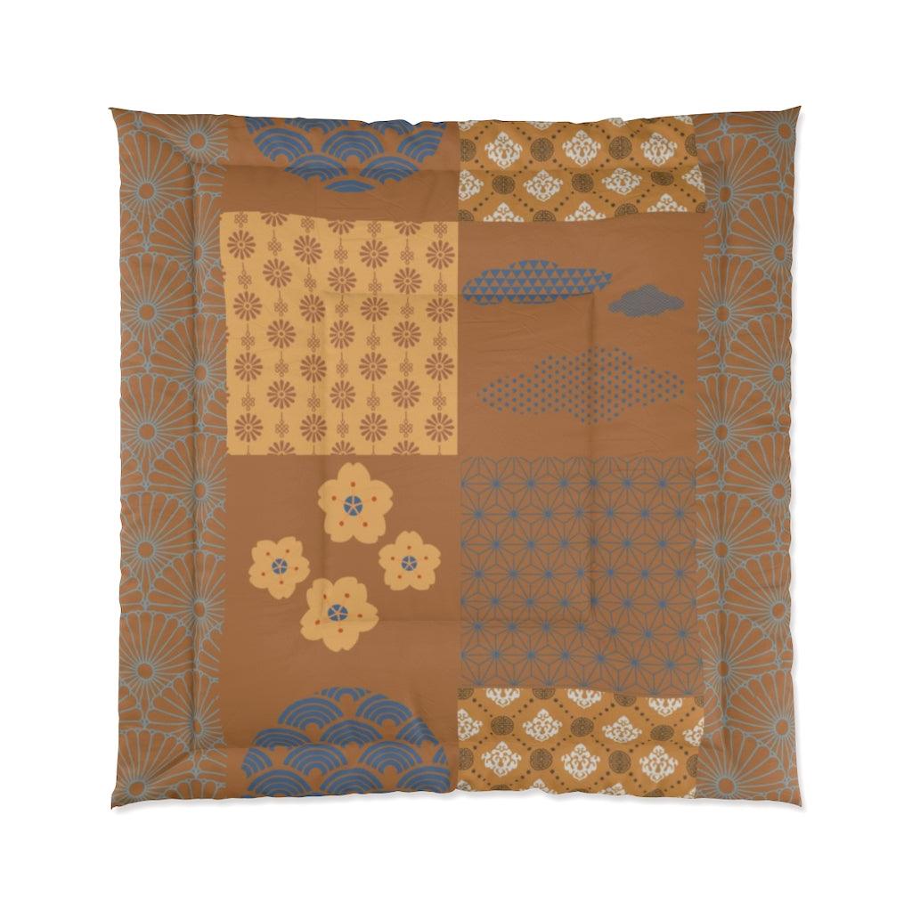 King Size Brown Fallen Leaves Japanese Pattern Patchwork Comforter