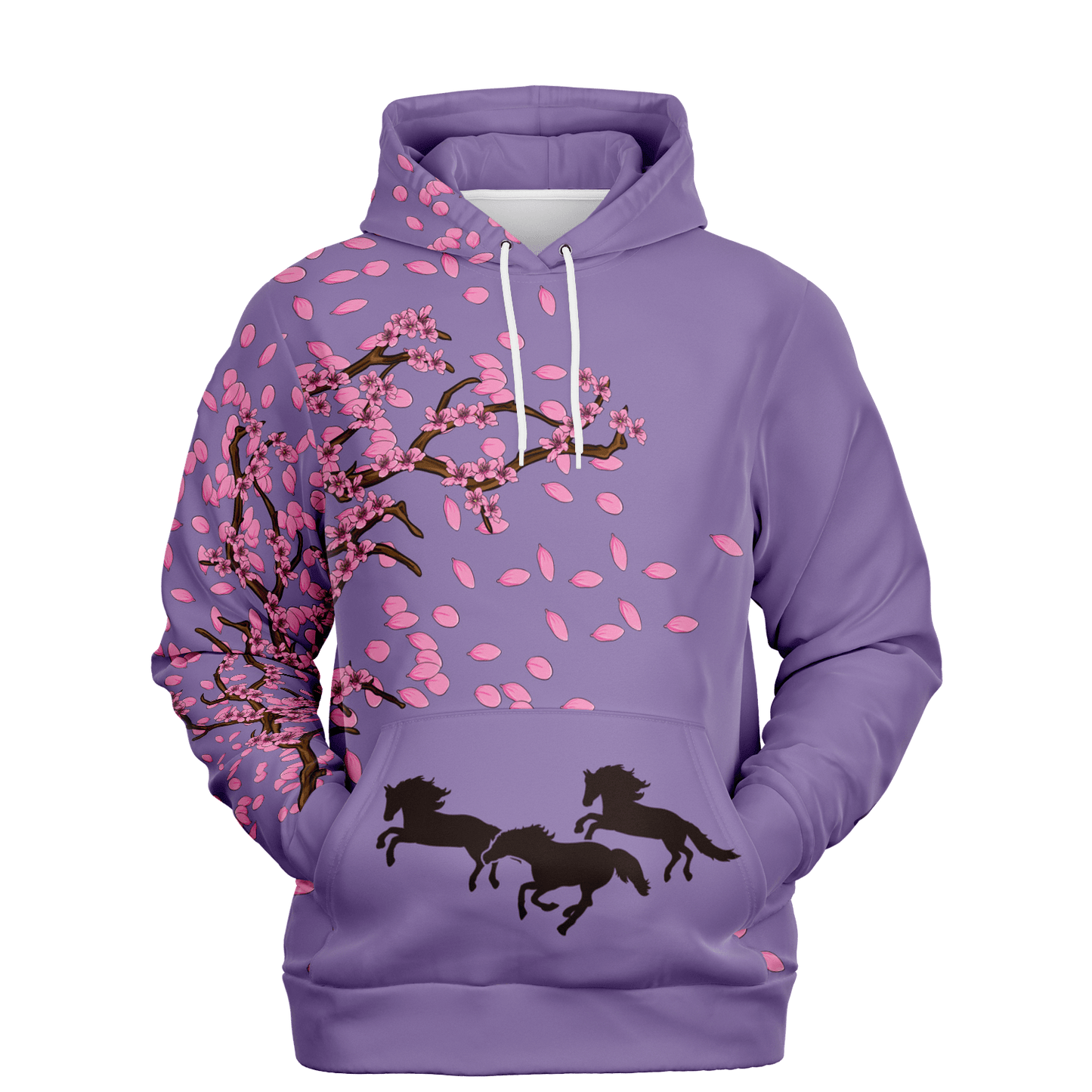 Cherry Blossom tree on a Purple background with 3 black Horses on the front pocket of the  Hoodie