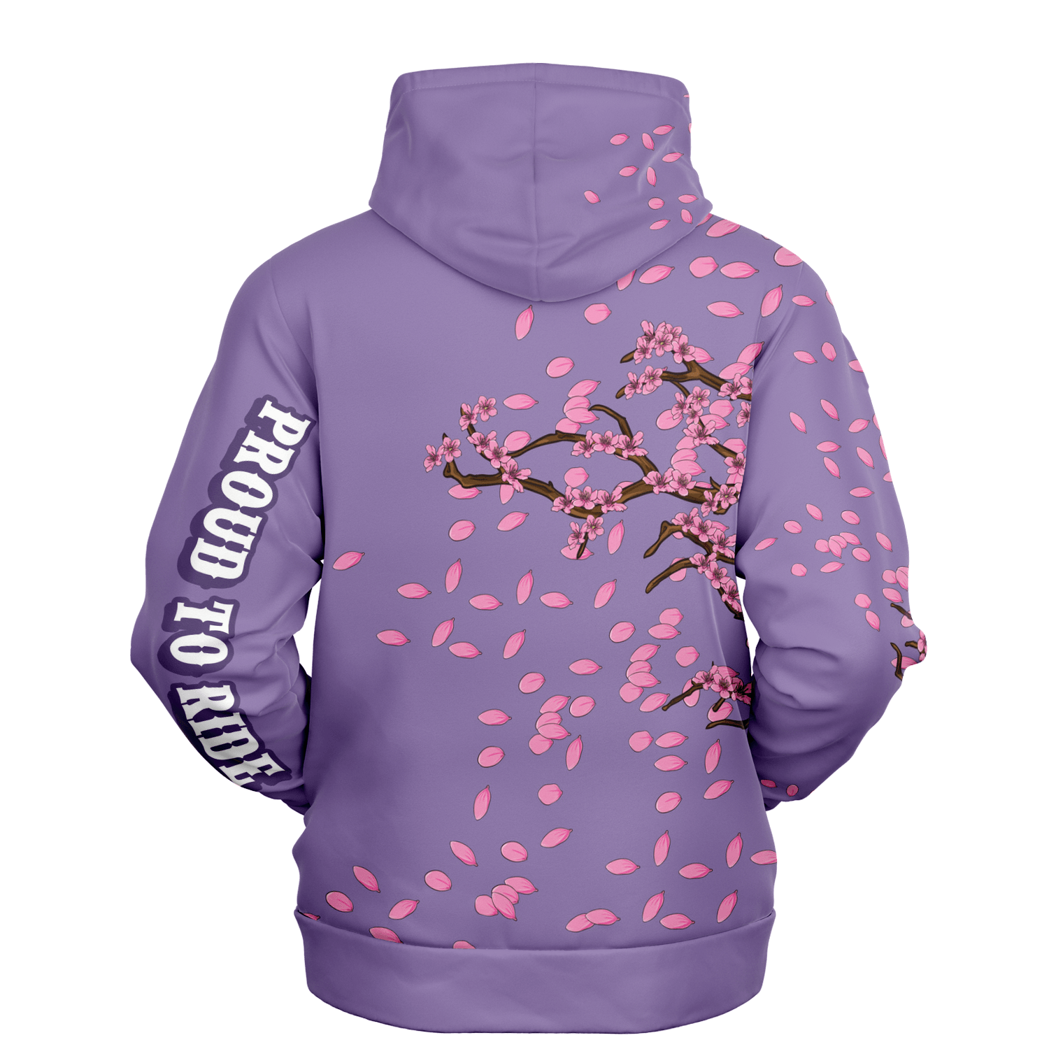 Back of the Purple Hoodie, where we can see the words: "PROUD TO RIDE" written on the left arm. A Cherry Blossom is fin pink flower on the right side of the granment