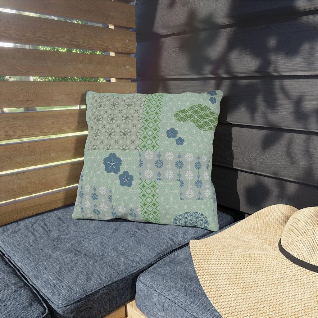 Blue and Green Wagara Patchwork Outdoor Pillows - Kaito Japan Design 