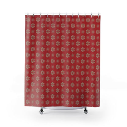 Dark Gold Flower on Red Background Japanese Shower Curtain.   Shower curtain with vibrant Japanese Pattern colors which will brighten your bathroom. Our Shower curtains are made of 100% Polyester and include 12 holes at the top for easy placement. Decorate your wet room or shower room with these superb curtains. Total dimension are 71'x74' or 180cmx188cm