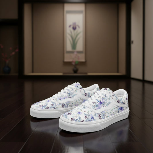 Premium low-top canvas sneakers featuring a deep royal purple background adorned with delicate white and soft-lavender floral blossoms and vine patterns