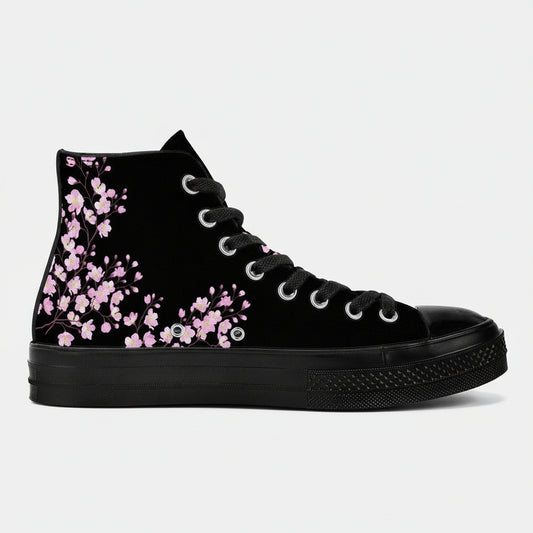 Sakura on Black Sole - High Top Canvas Shoes 
