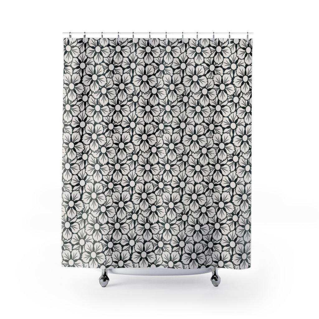 White and Black Flower Japanese Shower Curtain.   Shower curtain with vibrant Japanese Pattern colors which will brighten your bathroom. Our Shower curtains are made of 100% Polyester and include 12 holes at the top for easy placement. Decorate your wet room or shower room with these superb curtains. Total dimension are 71'x74' or 180cmx188cm