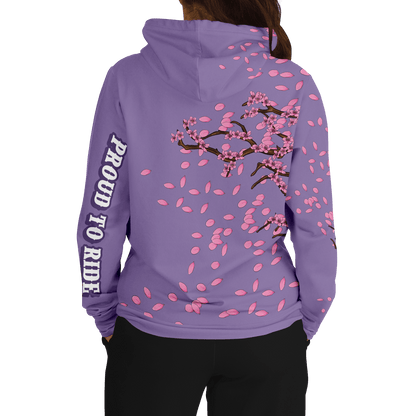 Cherry Blossom tree on a Purple background with 3 black Horses on the front pocket of the  Hoodie