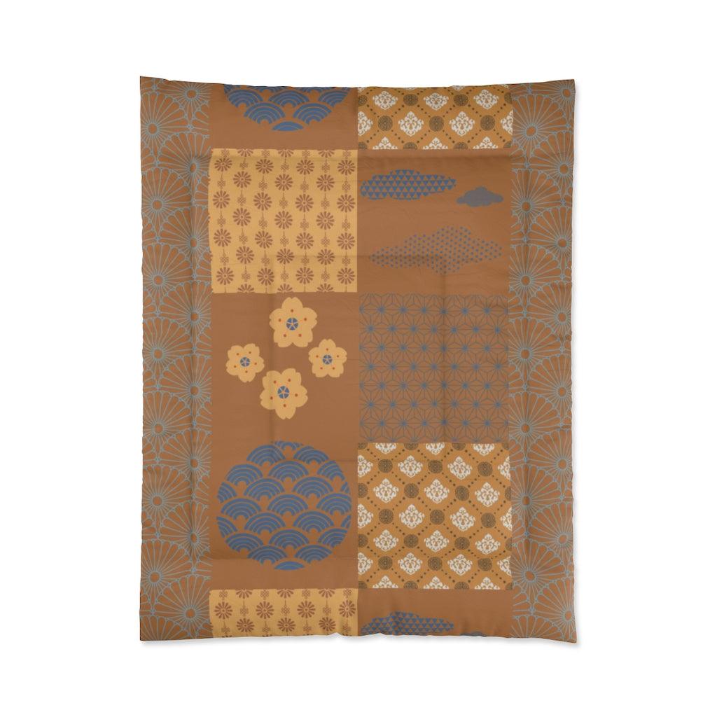 Single Size Brown Fallen Leaves Japanese Pattern Patchwork Comforter