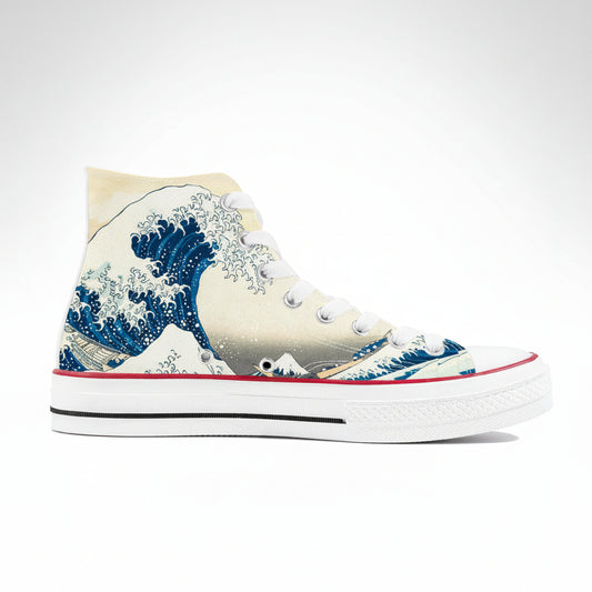 Premium high-top canvas sneakers featuring Katsushika Hokusai's "The Great Wave off Kanagawa" with iconic indigo waves and white sea foam on a clean white background.