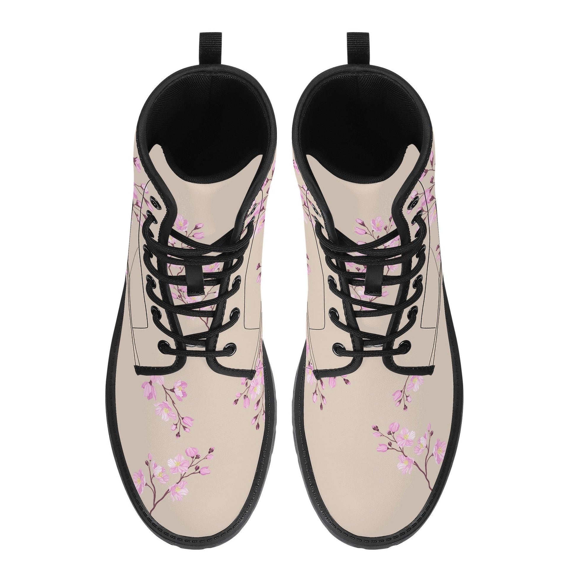 Cream Vegan Leather Boots with Cherry Blossom