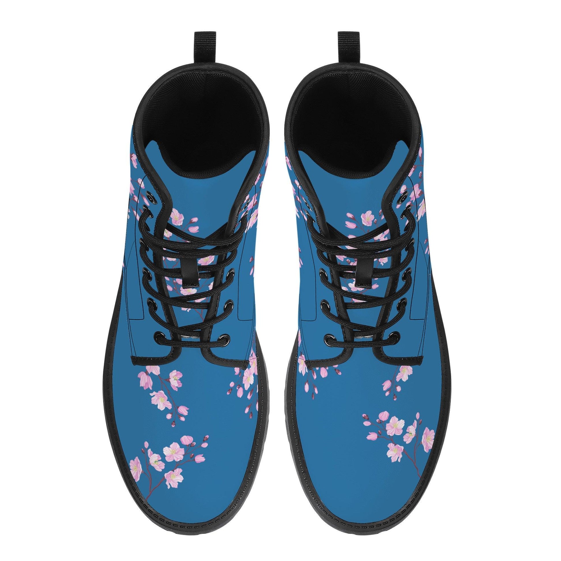 Teal Blue Vegan Leather Boots with Cherry Blossom