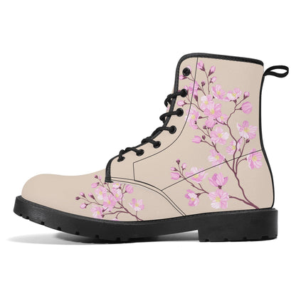 Cream Vegan Leather Boots with Cherry Blossom