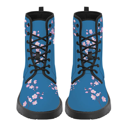 Teal Blue Vegan Leather Boots with Cherry Blossom