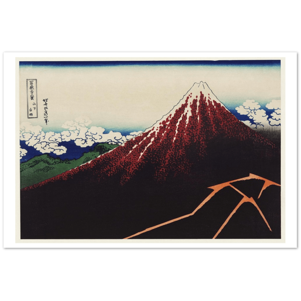 "Yamashita, Shirasame". Red Mt. Fuji. Lightning flashes below the summit. Katsushika Hokusai