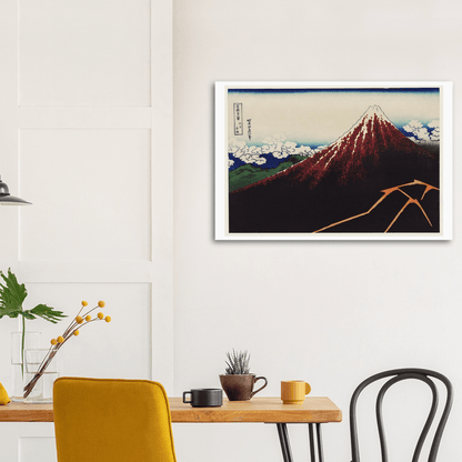 "Yamashita, Shirasame". Red Mt. Fuji. Lightning flashes below the summit. Katsushika Hokusai