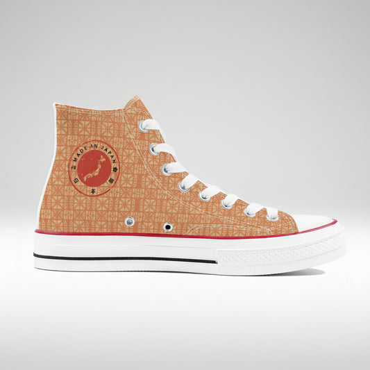 Premium high-top canvas sneakers featuring a vibrant orange and gold kimono pattern inspired by the 19th-century Ukiyo-e woodblock prints of Keisai Eisen.