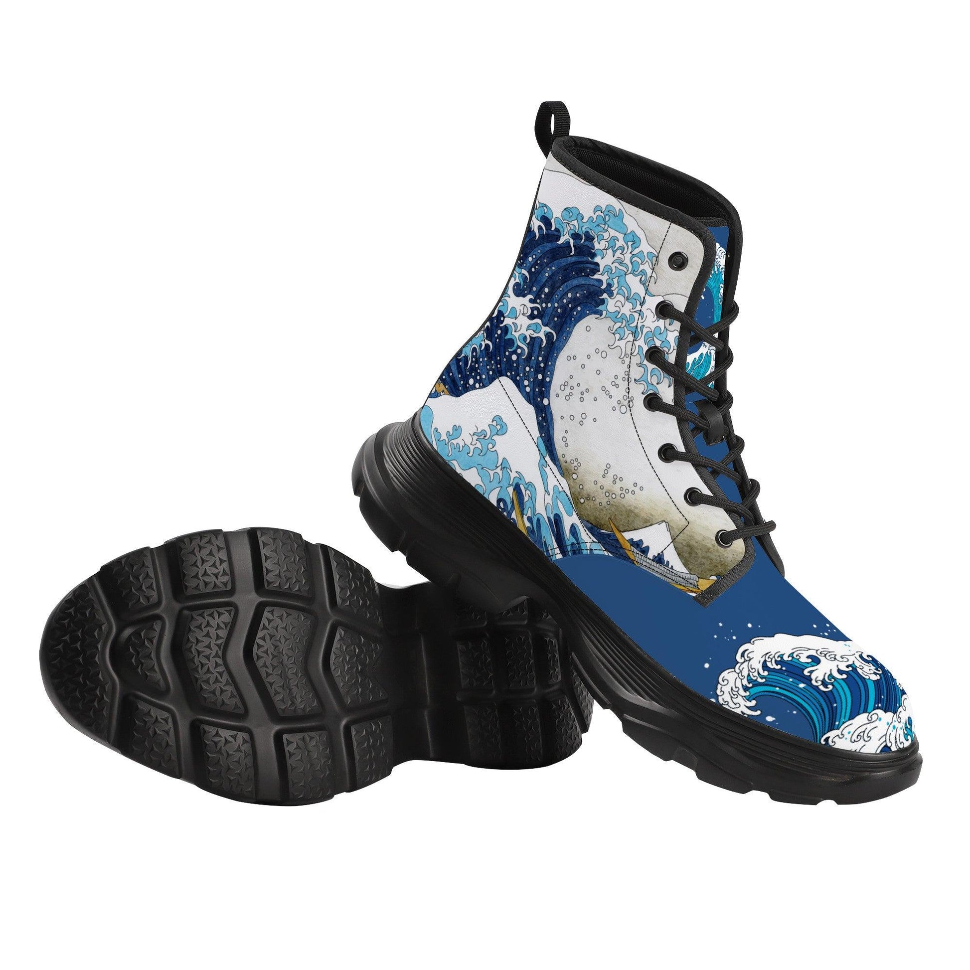 Under the Wave off Kanagawa (Kanagawa oki nami ura), also known as The Great Wave, from the series Thirty-six Views of Mount Fuji (Fugaku sanjūrokkei) by Katsushika Hokusai . Design applied on chunky boots with the dominant colour being royal blue. The waves paintings have been carefully placed on each of the sides of the boots