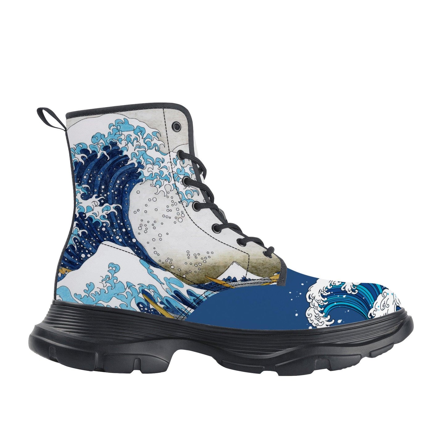 Under the Wave off Kanagawa (Kanagawa oki nami ura), also known as The Great Wave, from the series Thirty-six Views of Mount Fuji (Fugaku sanjūrokkei) by Katsushika Hokusai . Design applied on chunky boots with the dominant colour being royal blue. The waves paintings have been carefully placed on each of the sides of the boots