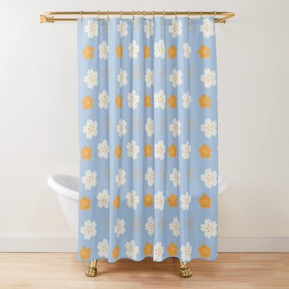 Orange and White Flower on Blue Origami Shower Curtain.   Shower curtain with vibrant Japanese Pattern colors which will brighten your bathroom. Our Shower curtains are made of 100% Polyester and include 12 holes at the top for easy placement. Decorate your wet room or shower room with these superb curtains. Total dimension are 71'x74' or 180cmx188cm