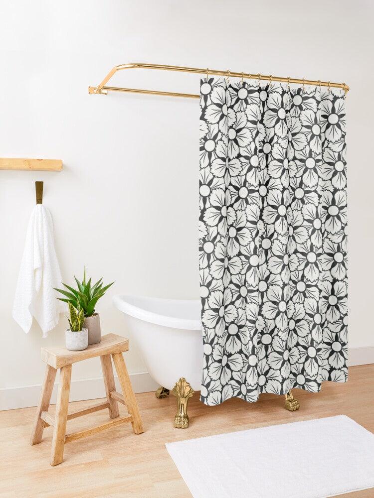 White and Black Flower Japanese Shower Curtain.   Shower curtain with vibrant Japanese Pattern colors which will brighten your bathroom. Our Shower curtains are made of 100% Polyester and include 12 holes at the top for easy placement. Decorate your wet room or shower room with these superb curtains. Total dimension are 71'x74' or 180cmx188cm