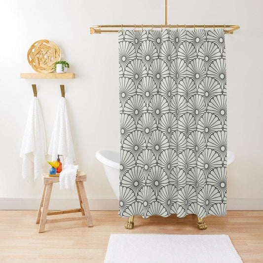 Large Black Japanese Flower on Grey Background Shower Curtain.   Shower curtain with vibrant Japanese Pattern colors which will brighten your bathroom. Our Shower curtains are made of 100% Polyester and include 12 holes at the top for easy placement. Decorate your wet room or shower room with these superb curtains. Total dimension are 71'x74' or 180cmx188cm