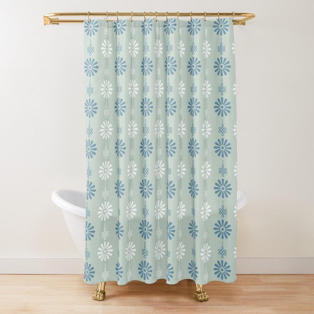 Blue, Grey and White Japanese Flower Shower Curtain. Shower curtain with vibrant Japanese Pattern colors which will brighten your bathroom. Our Shower curtains are made of 100% Polyester and include 12 holes at the top for easy placement. Decorate your wet room or shower room with these superb curtains. Total dimension are 71'x74' or 180cmx188cm