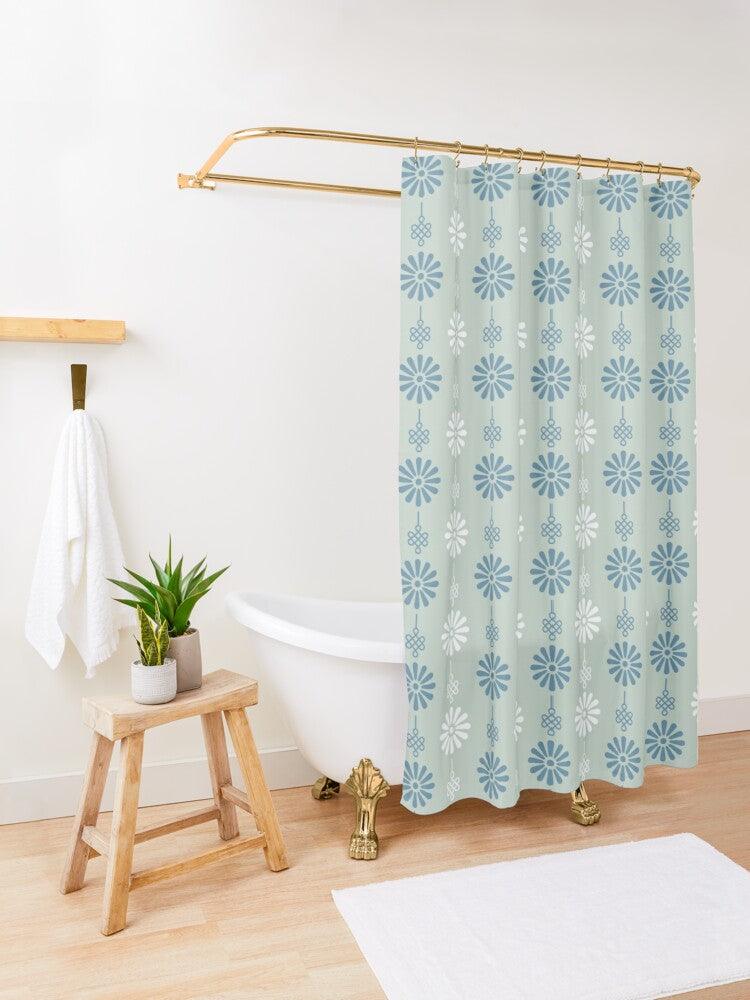 Blue, Grey and White Japanese Flower Shower Curtain. Shower curtain with vibrant Japanese Pattern colors which will brighten your bathroom. Our Shower curtains are made of 100% Polyester and include 12 holes at the top for easy placement. Decorate your wet room or shower room with these superb curtains. Total dimension are 71'x74' or 180cmx188cm