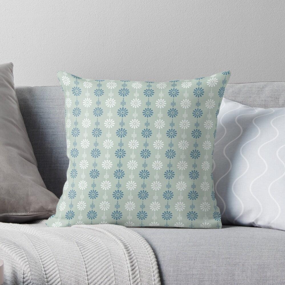 Blue, Grey and White Japanese Flower Pattern Square Pillow