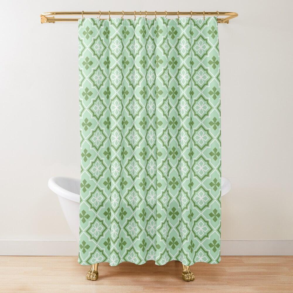 Green, White, and Mint Losange Japanese Shower Curtain.   Shower curtain with vibrant Japanese Pattern colors which will brighten your bathroom. Our Shower curtains are made of 100% Polyester and include 12 holes at the top for easy placement. Decorate your wet room or shower room with these superb curtains. Total dimension are 71'x74' or 180cmx188cm