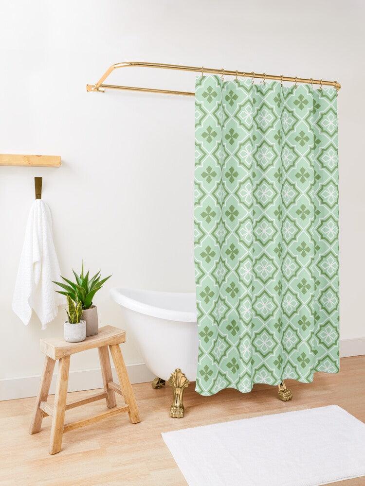 Green, White, and Mint Losange Japanese Shower Curtain.   Shower curtain with vibrant Japanese Pattern colors which will brighten your bathroom. Our Shower curtains are made of 100% Polyester and include 12 holes at the top for easy placement. Decorate your wet room or shower room with these superb curtains. Total dimension are 71'x74' or 180cmx188cm