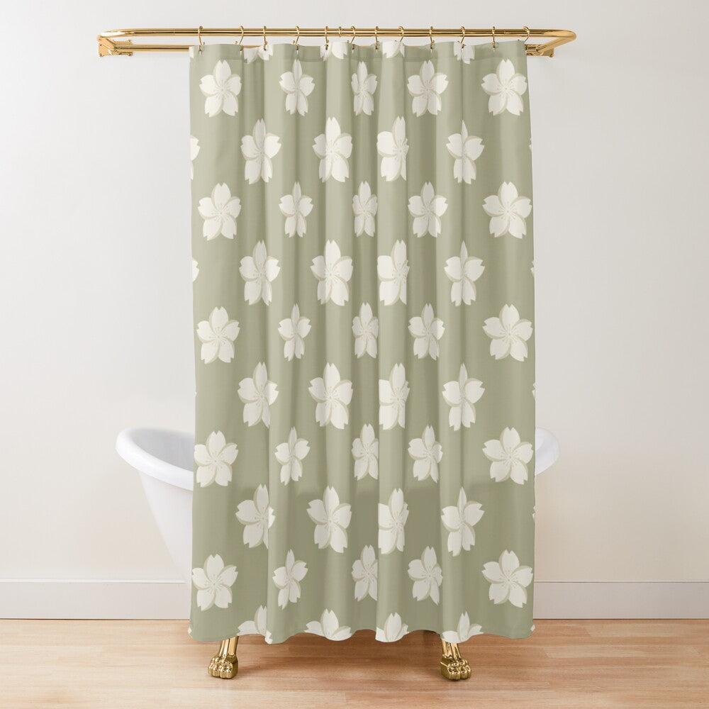 White Flower on Brown Japanese Shower Curtain.   Shower curtain with vibrant Japanese Pattern colors which will brighten your bathroom. Our Shower curtains are made of 100% Polyester and include 12 holes at the top for easy placement. Decorate your wet room or shower room with these superb curtains. Total dimension are 71'x74' or 180cmx188cm