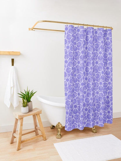 Purple Flower on White Japanese Shower Curtain.   Shower curtain with vibrant Japanese Pattern colors which will brighten your bathroom. Our Shower curtains are made of 100% Polyester and include 12 holes at the top for easy placement. Decorate your wet room or shower room with these superb curtains. Total dimension are 71'x74' or 180cmx188cm