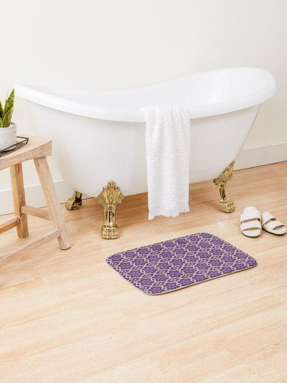 Purple Flower and Pink Lines Japanese Pattern Bath Mat.   Japanese style bathmats are the perfect finishing flourish for a stylish, personality-filled bathroom, and this bath mat is as practical, as it is stylish - the anti-slip backing keeps the bath mat firmly in place and reduces the risk of slipping. 100% Microfiber. Vibrant print exit in 2 sizes 34” x 21” (86 x 53 cm) or 24” x 17” (61 x 43 cm). Anti-slip backing. Binding around the edges. Machine wash cold, gentle cycle. Tumble dry low or line dry. 