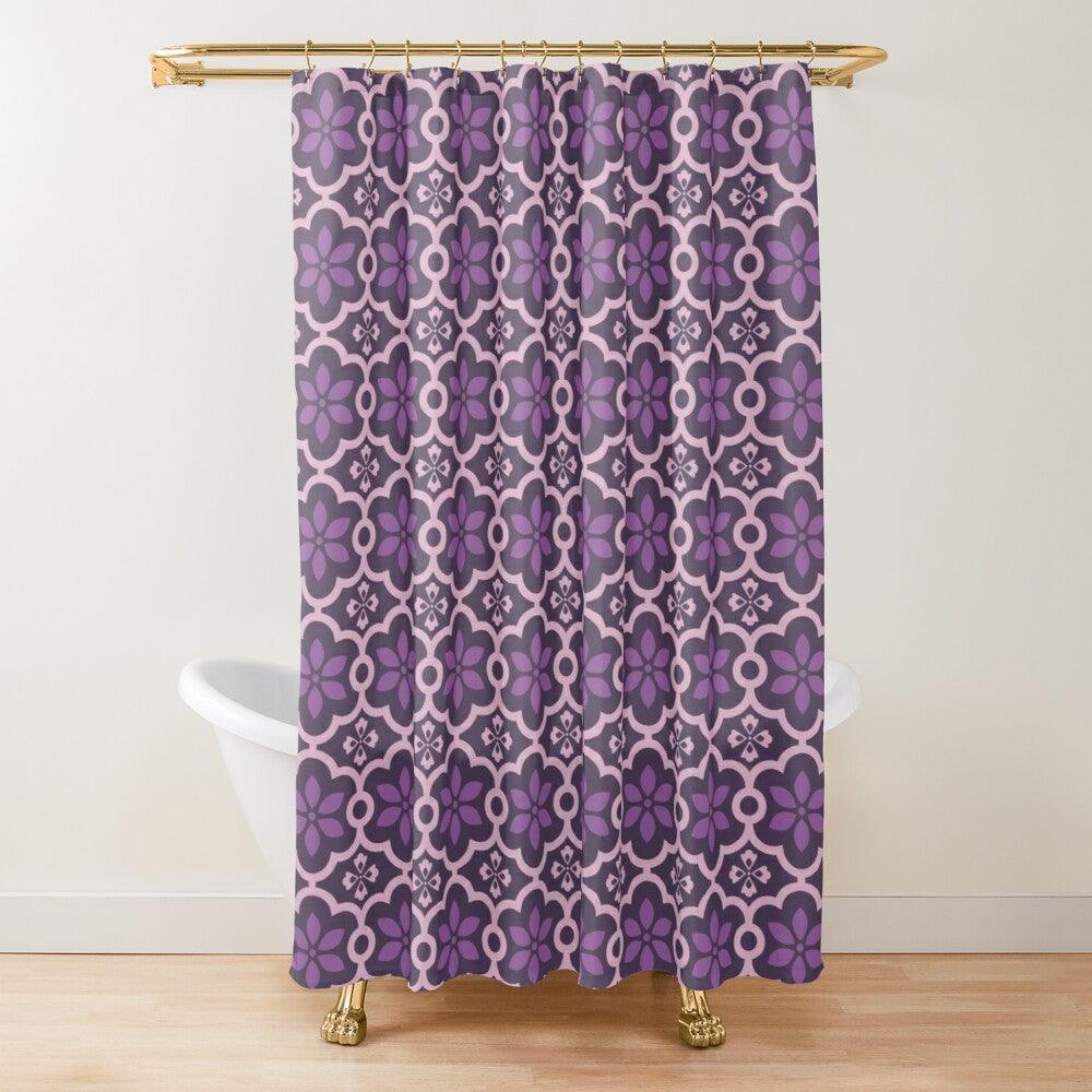 Purple Flower and Pink Lines Japanese Shower Curtain.   Shower curtain with vibrant Japanese Pattern colors which will brighten your bathroom. Our Shower curtains are made of 100% Polyester and include 12 holes at the top for easy placement. Decorate your wet room or shower room with these superb curtains. Total dimension are 71'x74' or 180cmx188cm