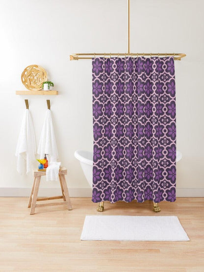 Purple Flower and Pink Lines Japanese Shower Curtain.   Shower curtain with vibrant Japanese Pattern colors which will brighten your bathroom. Our Shower curtains are made of 100% Polyester and include 12 holes at the top for easy placement. Decorate your wet room or shower room with these superb curtains. Total dimension are 71'x74' or 180cmx188cm