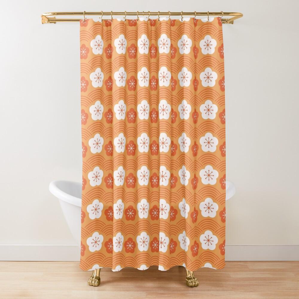 White and Dark Orange Flower Japanese Shower Curtain.   Shower curtain with vibrant Japanese Pattern colors which will brighten your bathroom. Our Shower curtains are made of 100% Polyester and include 12 holes at the top for easy placement. Decorate your wet room or shower room with these superb curtains. Total dimension are 71'x74' or 180cmx188cm
