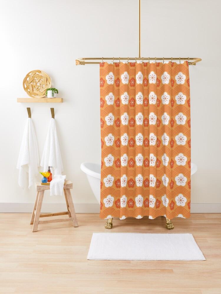 White and Dark Orange Flower Japanese Shower Curtain.   Shower curtain with vibrant Japanese Pattern colors which will brighten your bathroom. Our Shower curtains are made of 100% Polyester and include 12 holes at the top for easy placement. Decorate your wet room or shower room with these superb curtains. Total dimension are 71'x74' or 180cmx188cm