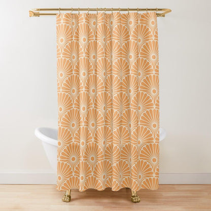 White Flowers on a Light Orange Background Japanese Shower Curtain.   Shower curtain with vibrant Japanese Pattern colors which will brighten your bathroom. Our Shower curtains are made of 100% Polyester and include 12 holes at the top for easy placement. Decorate your wet room or shower room with these superb curtains. Total dimension are 71'x74' or 180cmx188cm