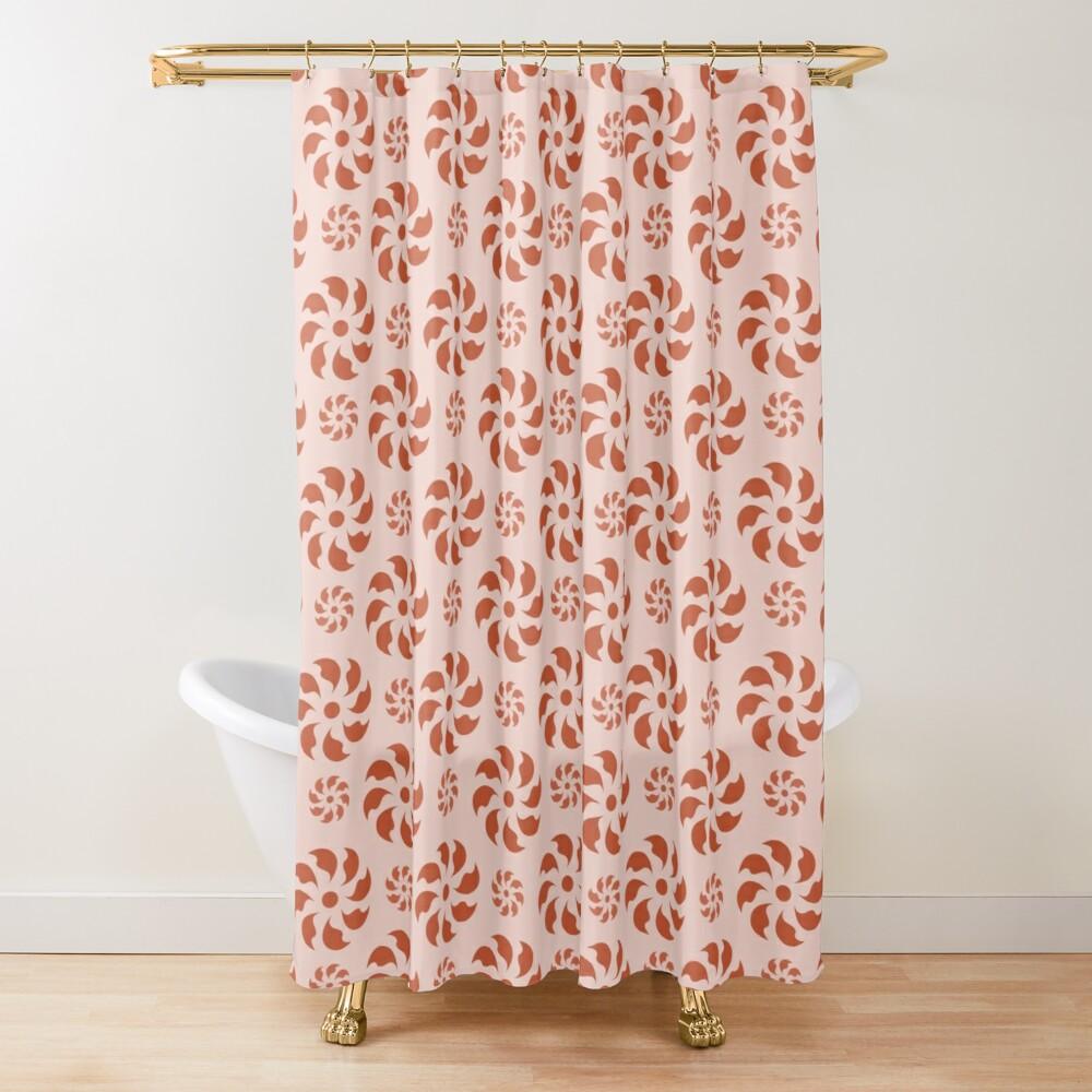 Red Spiral on Pink Background Japanese Shower Curtain.   Shower curtain with vibrant Japanese Pattern colors which will brighten your bathroom. Our Shower curtains are made of 100% Polyester and include 12 holes at the top for easy placement. Decorate your wet room or shower room with these superb curtains. Total dimension are 71'x74' or 180cmx188cm