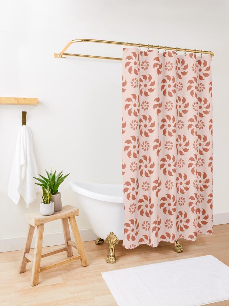 Red Spiral on Pink Background Japanese Shower Curtain.   Shower curtain with vibrant Japanese Pattern colors which will brighten your bathroom. Our Shower curtains are made of 100% Polyester and include 12 holes at the top for easy placement. Decorate your wet room or shower room with these superb curtains. Total dimension are 71'x74' or 180cmx188cm