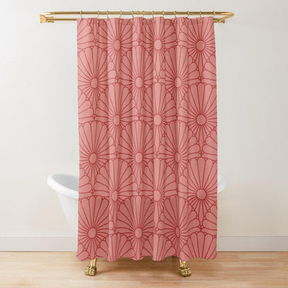 Red Flower on Strawberry Pink Japanese Shower Curtain.   Shower curtain with vibrant Japanese Pattern colors which will brighten your bathroom. Our Shower curtains are made of 100% Polyester and include 12 holes at the top for easy placement. Decorate your wet room or shower room with these superb curtains. Total dimension are 71'x74' or 180cmx188cm