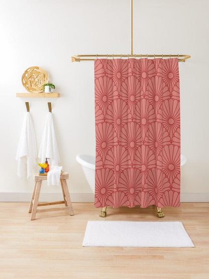 Red Flower on Strawberry Pink Japanese Shower Curtain.   Shower curtain with vibrant Japanese Pattern colors which will brighten your bathroom. Our Shower curtains are made of 100% Polyester and include 12 holes at the top for easy placement. Decorate your wet room or shower room with these superb curtains. Total dimension are 71'x74' or 180cmx188cm