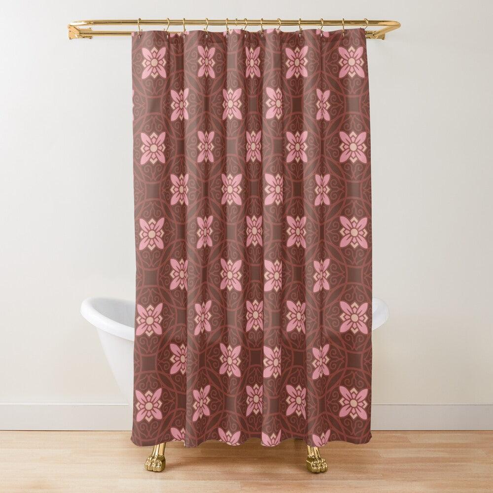 Pink Flower on Dark Burgundy Japanese Shower Curtain.   Shower curtain with vibrant Japanese Pattern colors which will brighten your bathroom. Our Shower curtains are made of 100% Polyester and include 12 holes at the top for easy placement. Decorate your wet room or shower room with these superb curtains. Total dimension are 71'x74' or 180cmx188cm