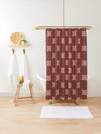 Pink Flower on Dark Burgundy Japanese Shower Curtain.   Shower curtain with vibrant Japanese Pattern colors which will brighten your bathroom. Our Shower curtains are made of 100% Polyester and include 12 holes at the top for easy placement. Decorate your wet room or shower room with these superb curtains. Total dimension are 71'x74' or 180cmx188cm