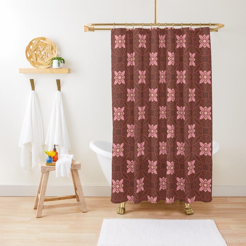 Pink Flower on Dark Burgundy Japanese Shower Curtain.   Shower curtain with vibrant Japanese Pattern colors which will brighten your bathroom. Our Shower curtains are made of 100% Polyester and include 12 holes at the top for easy placement. Decorate your wet room or shower room with these superb curtains. Total dimension are 71'x74' or 180cmx188cm