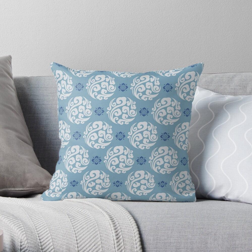 Blue and White Round Japanese Pattern Square Pillow