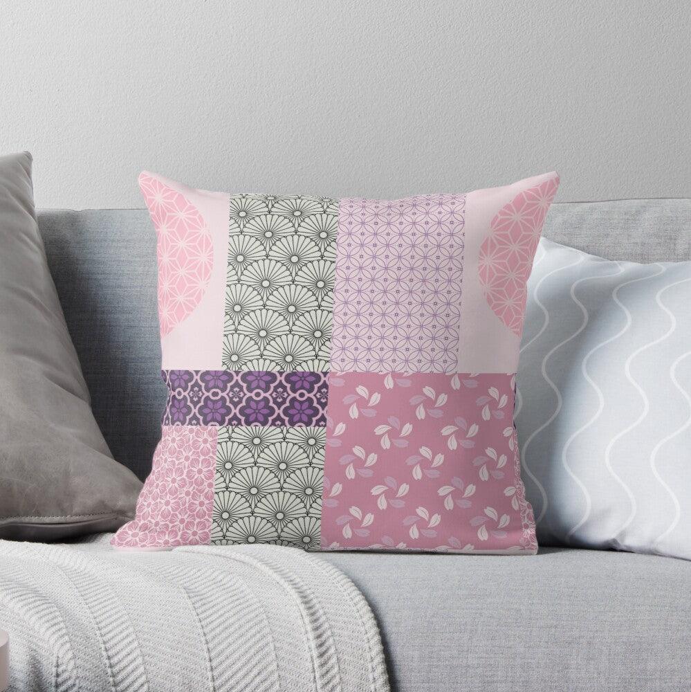 Pink and Purple Wagara Patchwork Square Pillow