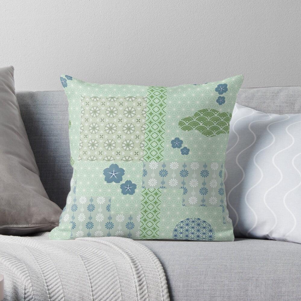 Blue and Green Wagara Patchwork Square Pillow